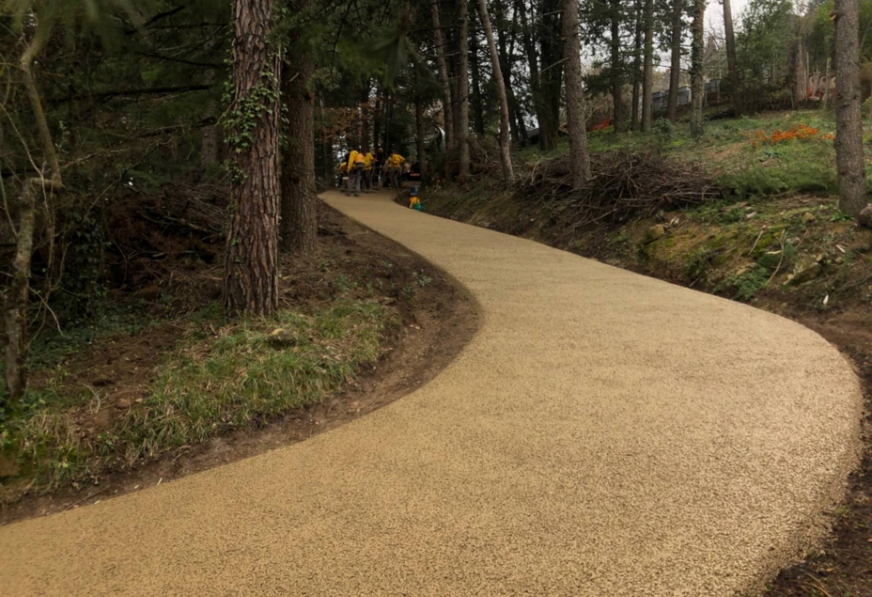 Strada drenante ricurva e in salita in un contesto boschivo, immersa nella natura, e con, in fondo, operai intenti al lavoro.